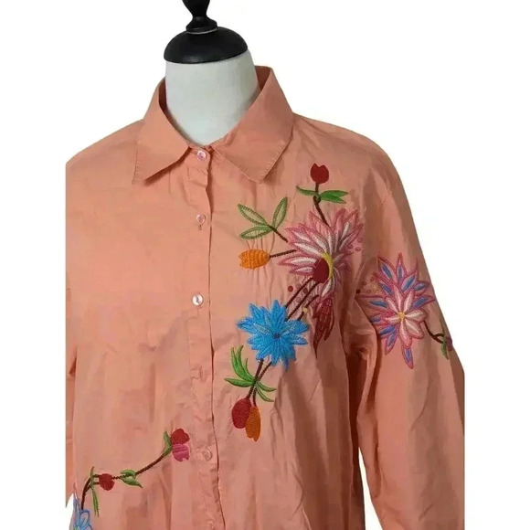 New Direction Sport Womens Peach Colored Button Up Embroidered Shirt Size L - Picture 2 of 7